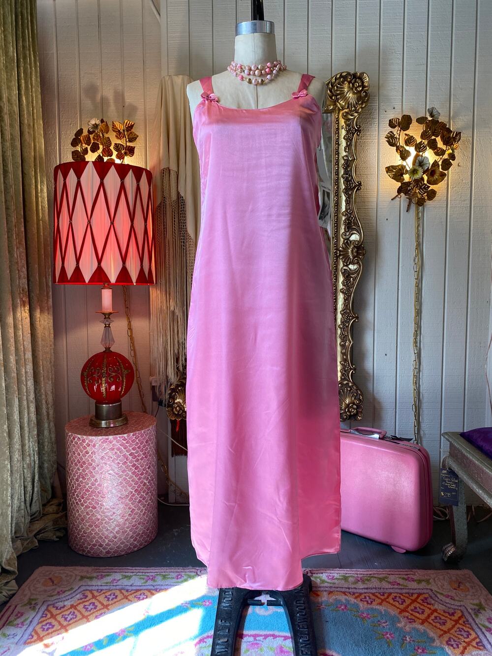 vintage 1980s pink satin nightgown, deadstock nwt, bows, 80s lingerie, contessa
